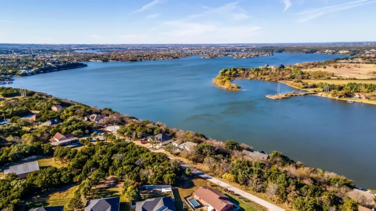 an aerial view of a residential area along the shores of Lake Granbury